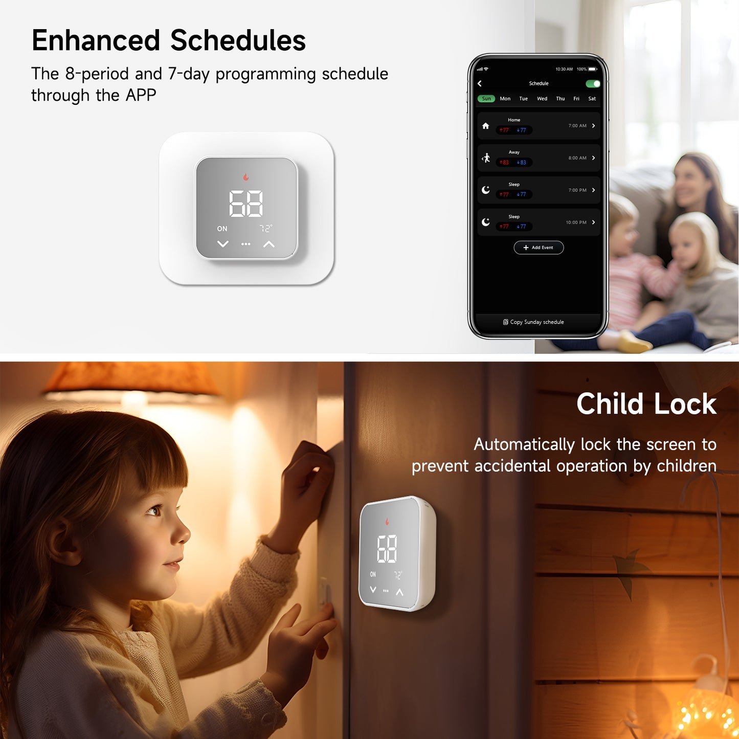 WiFi Smart Thermostat for House, Programmable Thermostat Compatible with Alexa and Google Assistant, 7day Period Programmable, C-Wire Required, Energy Saving